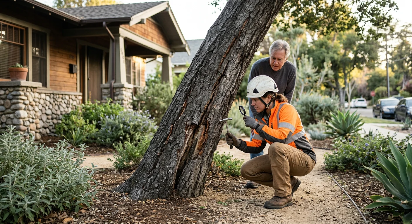 Arborist inspecting a leaning oak with visible trunk cracks near an Altadena home