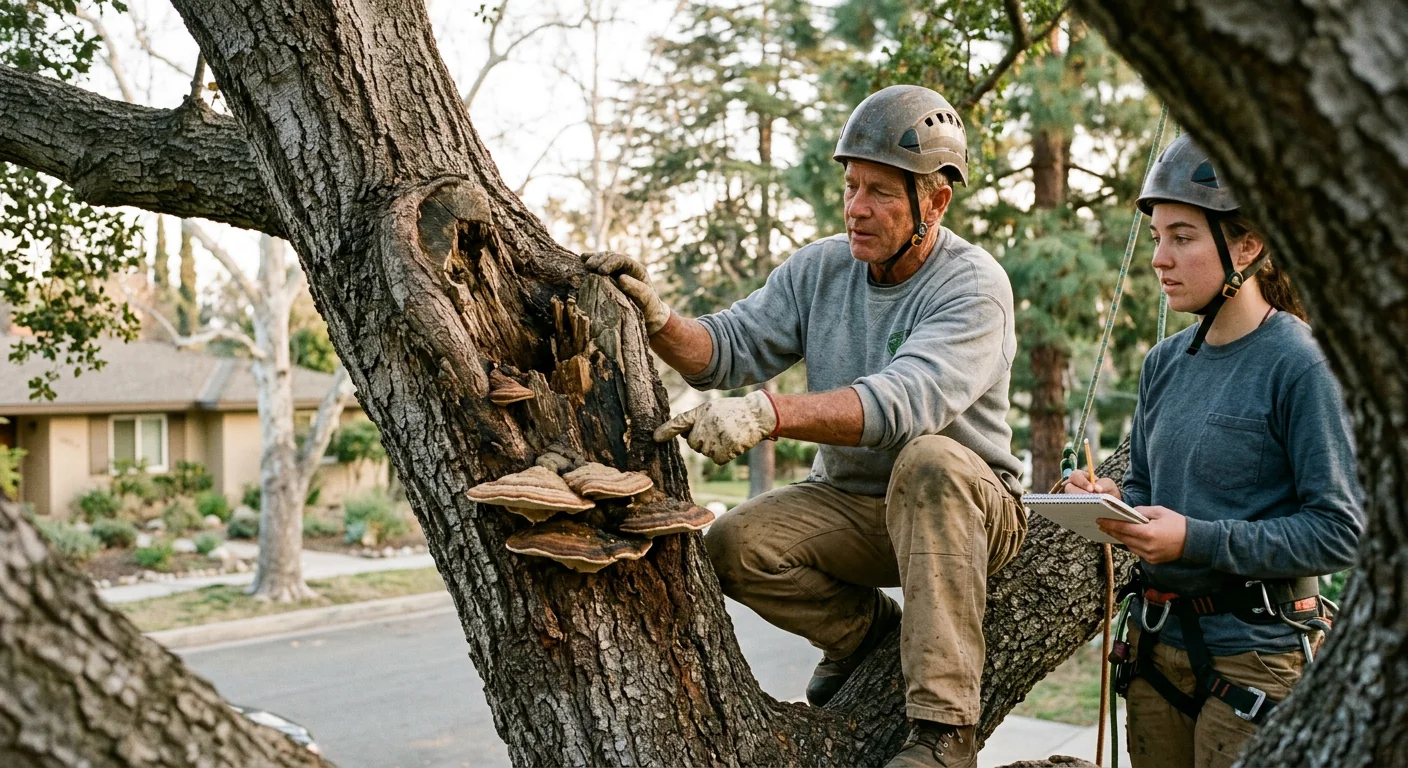 Mushroom conks and deadwood signaling decay on a mature neighborhood shade tree