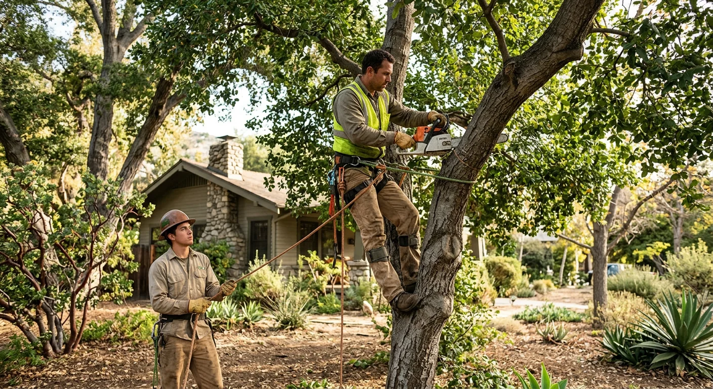 Homeowner and arborist reviewing tree care notes on an Altadena property