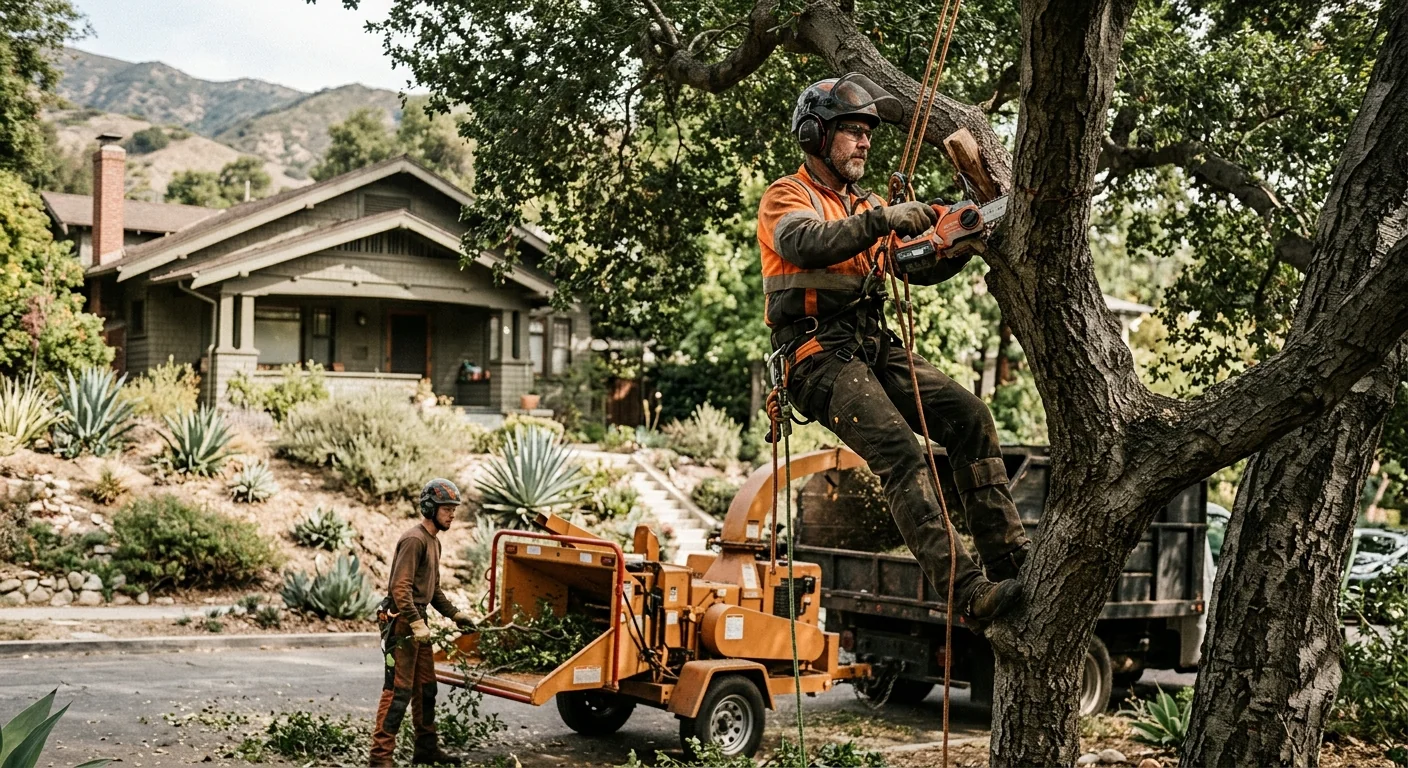 Tree service crew reviewing a shaded Altadena property with a homeowner