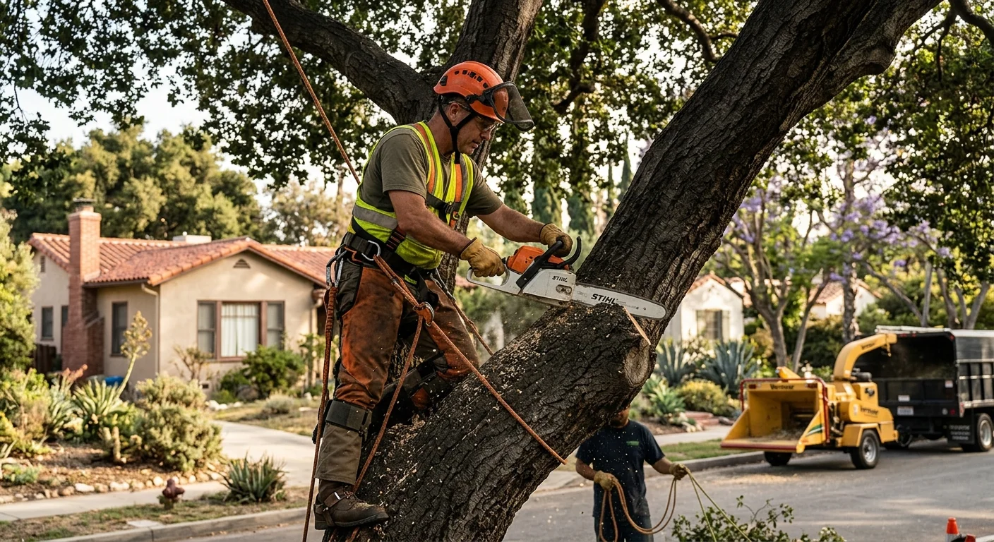 Tree crew using rigging equipment on a sloped foothill property in Altadena