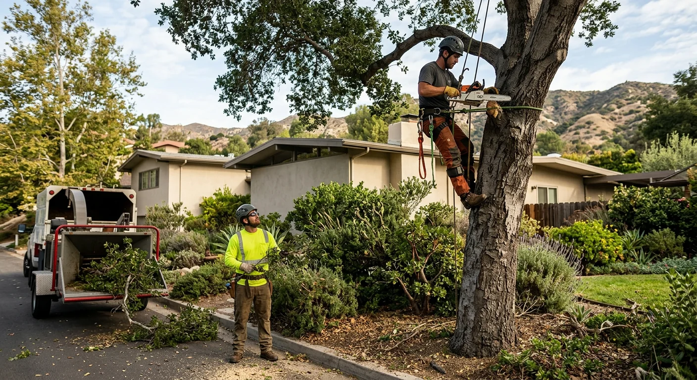Arborist reviewing a written estimate beside a mature Altadena backyard tree