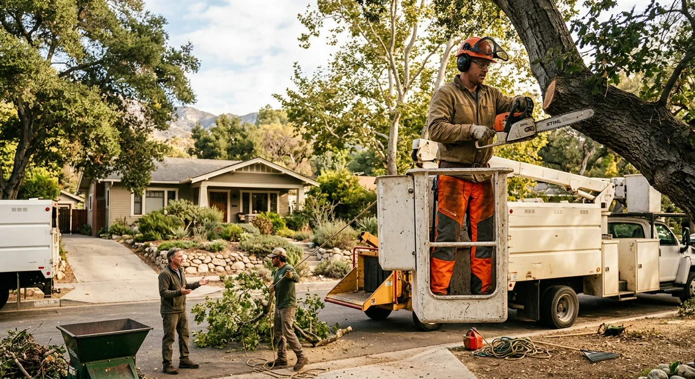 Mature foothill tree showing deadwood and canopy stress near an Altadena home