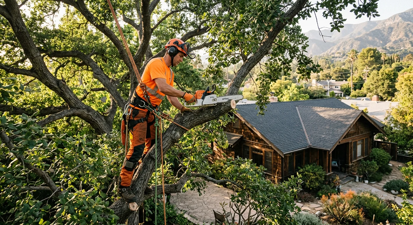 Arborist making a precision reduction cut high in a mature oak above an Altadena home
