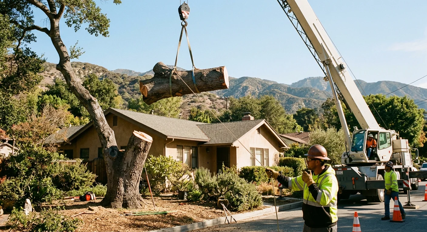 Crane lifting a large removed trunk section over a residential roofline on a clear day