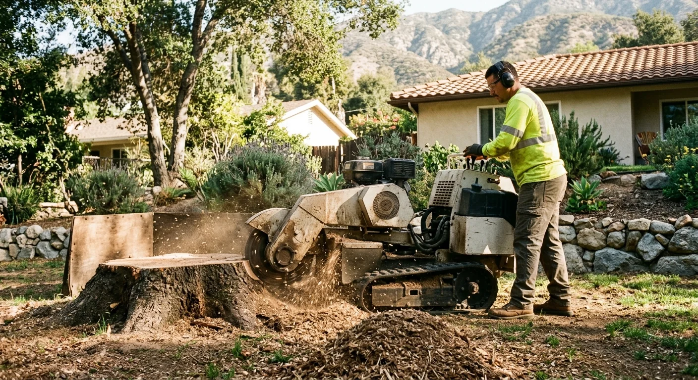Stump grinder reducing a wide trunk base to mulch in a sunny backyard setting