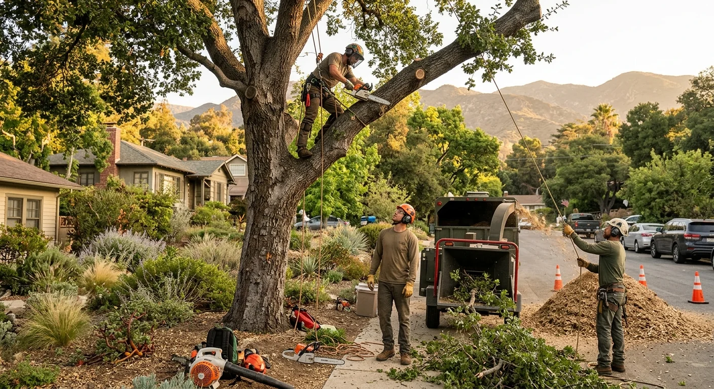 Arborist in full safety gear inspecting rigging before a tree removal in Altadena