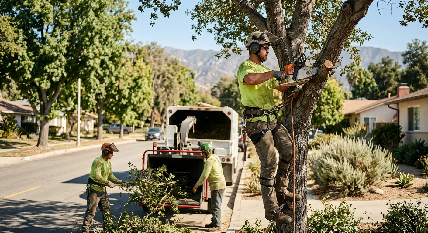 Local tree crew reviewing canopy work with an Altadena homeowner