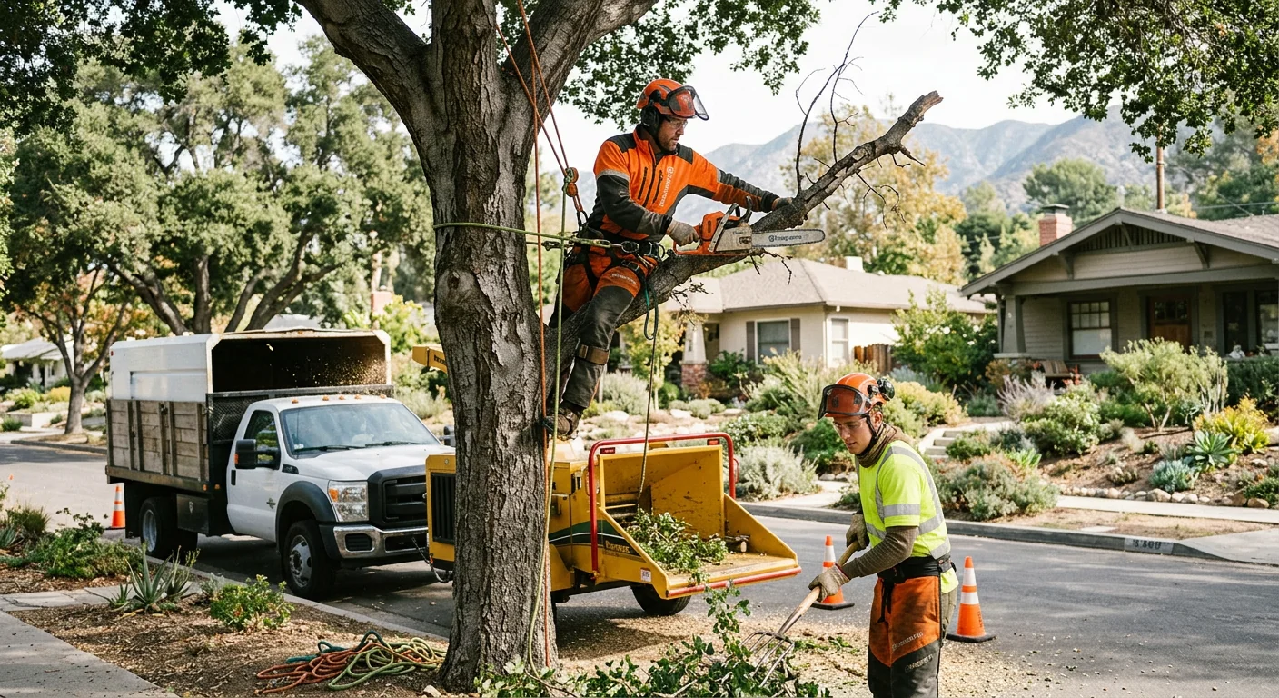 Tree care crew assessing a mature oak on an Altadena foothill property