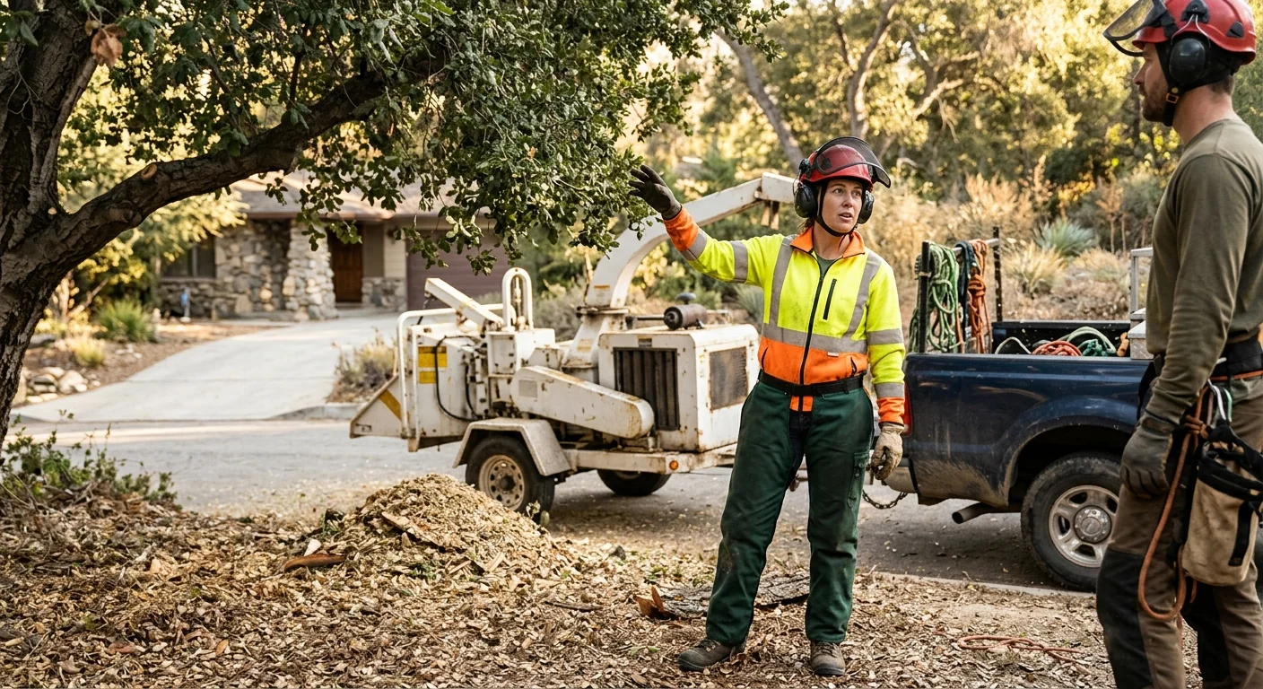 Tree service crew preparing rigging to trim a large tree on an Altadena residential lot
