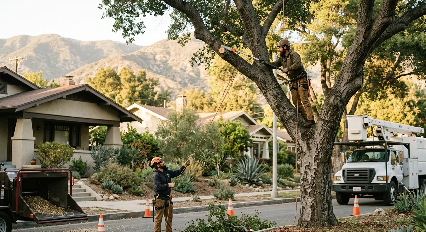 Arborist thinning the canopy of a mature oak on an Altadena foothill property