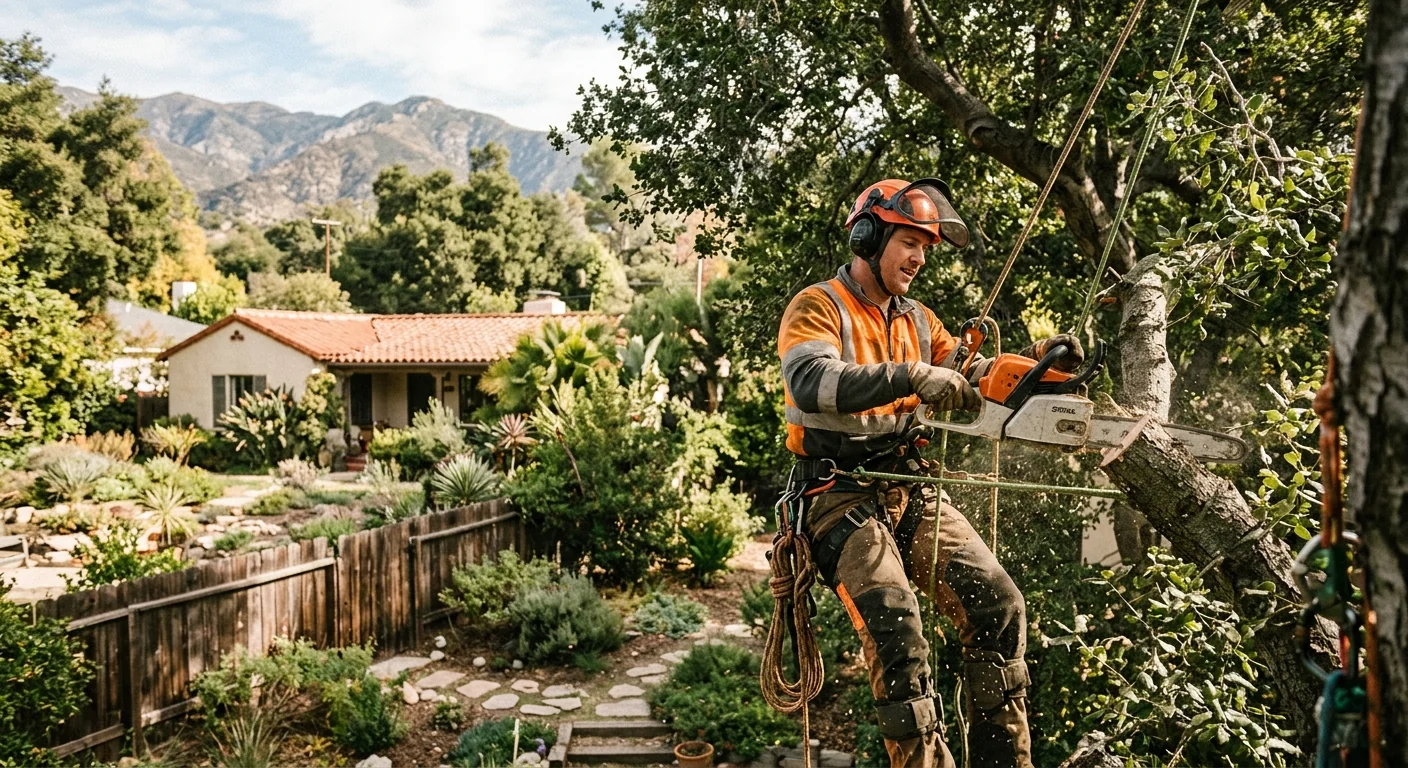 Arborist trimming an overgrown canopy above a residential Altadena backyard
