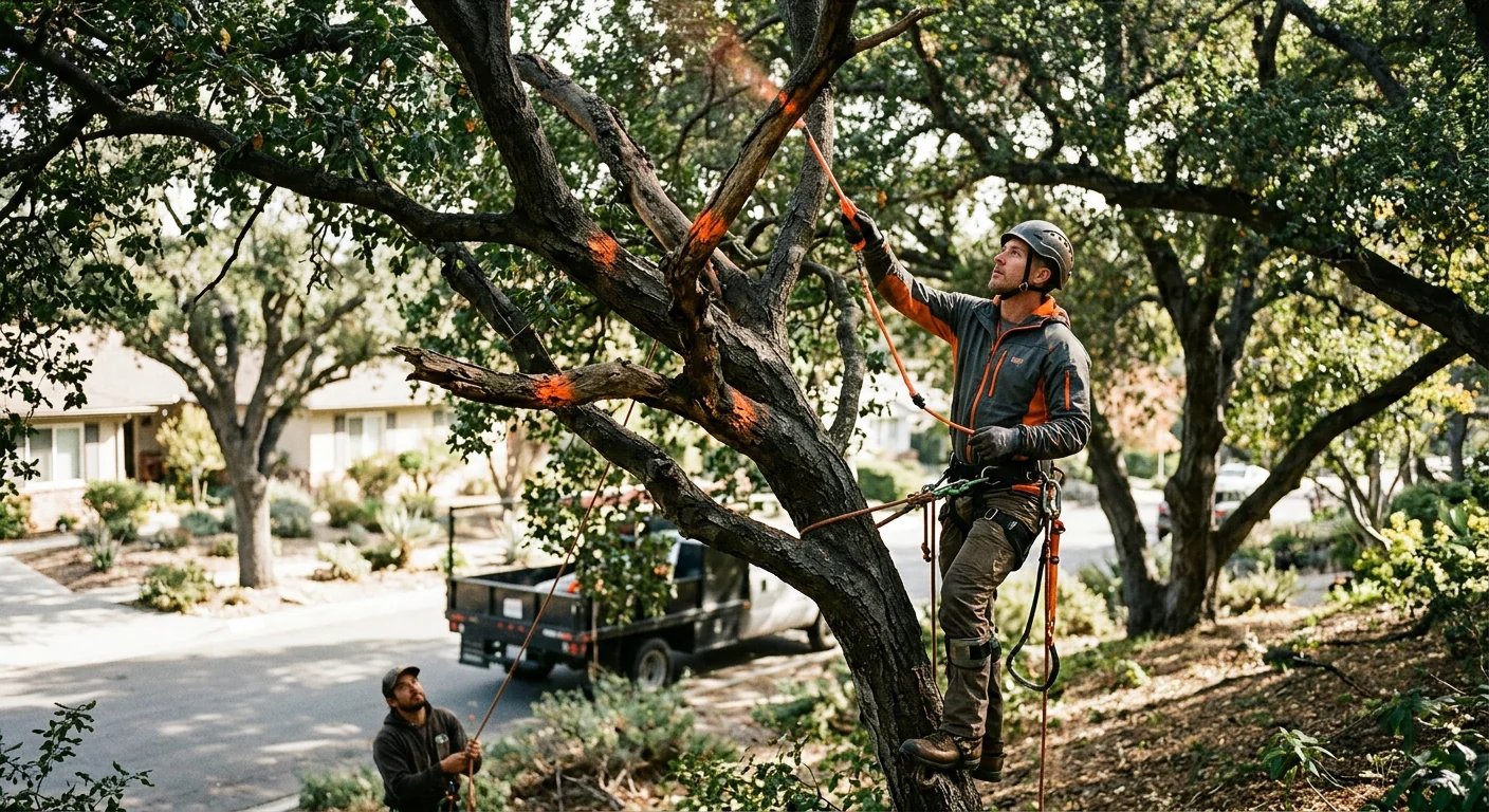 Deadwood and crossing limbs marked for removal on a mature shade tree