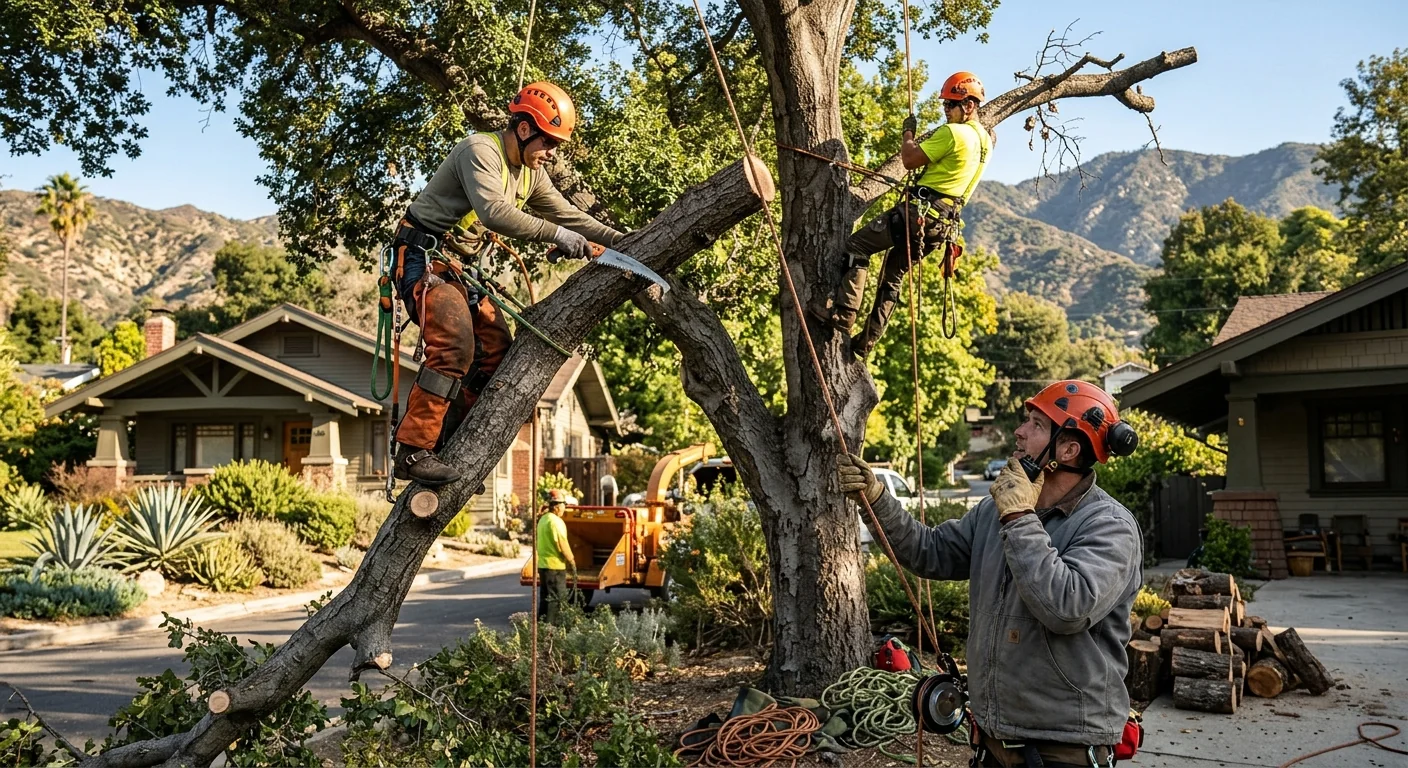 Tree crew reviewing trimming results with an Altadena homeowner after cleanup